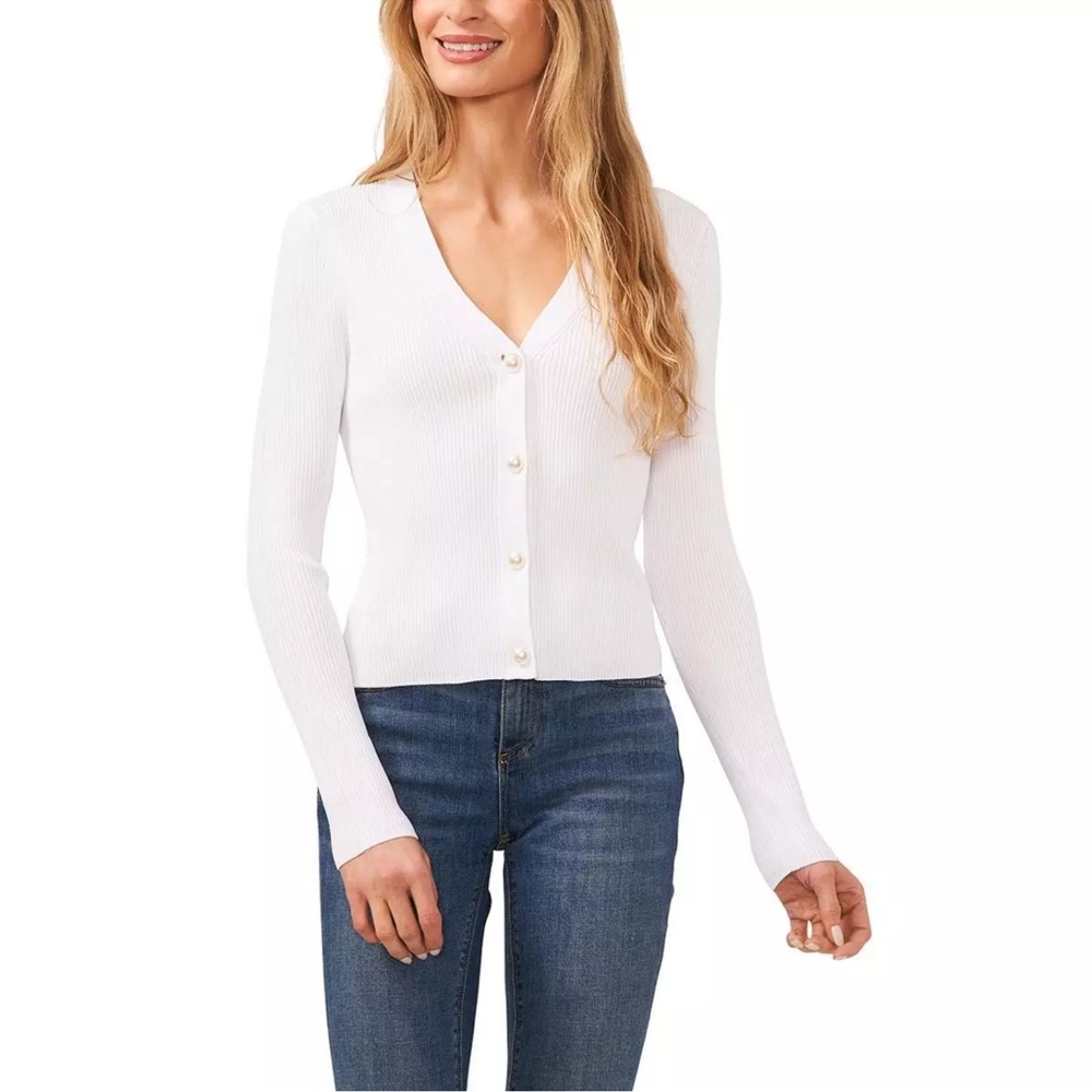 CeCe Women's Imitation Pearl Button Cardigan Ultra White Size S